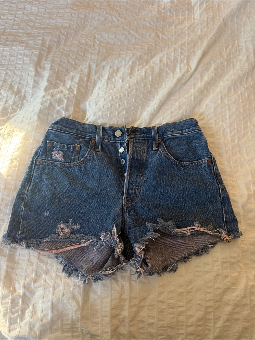 Levi's Distressed Dark Blue Button-Fly Denim Shorts